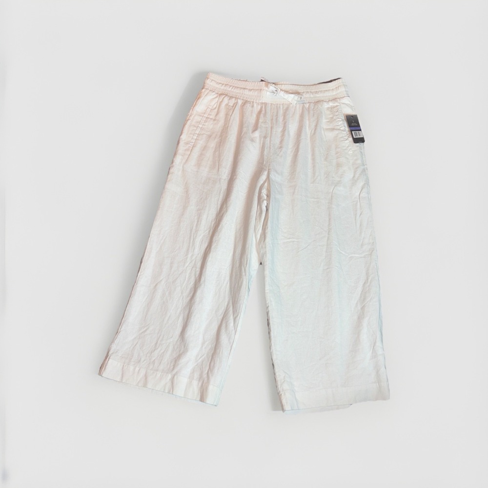 Sharagano Woman's Wide Leg Linen Blend Cropped Pants Size L White Drawstring